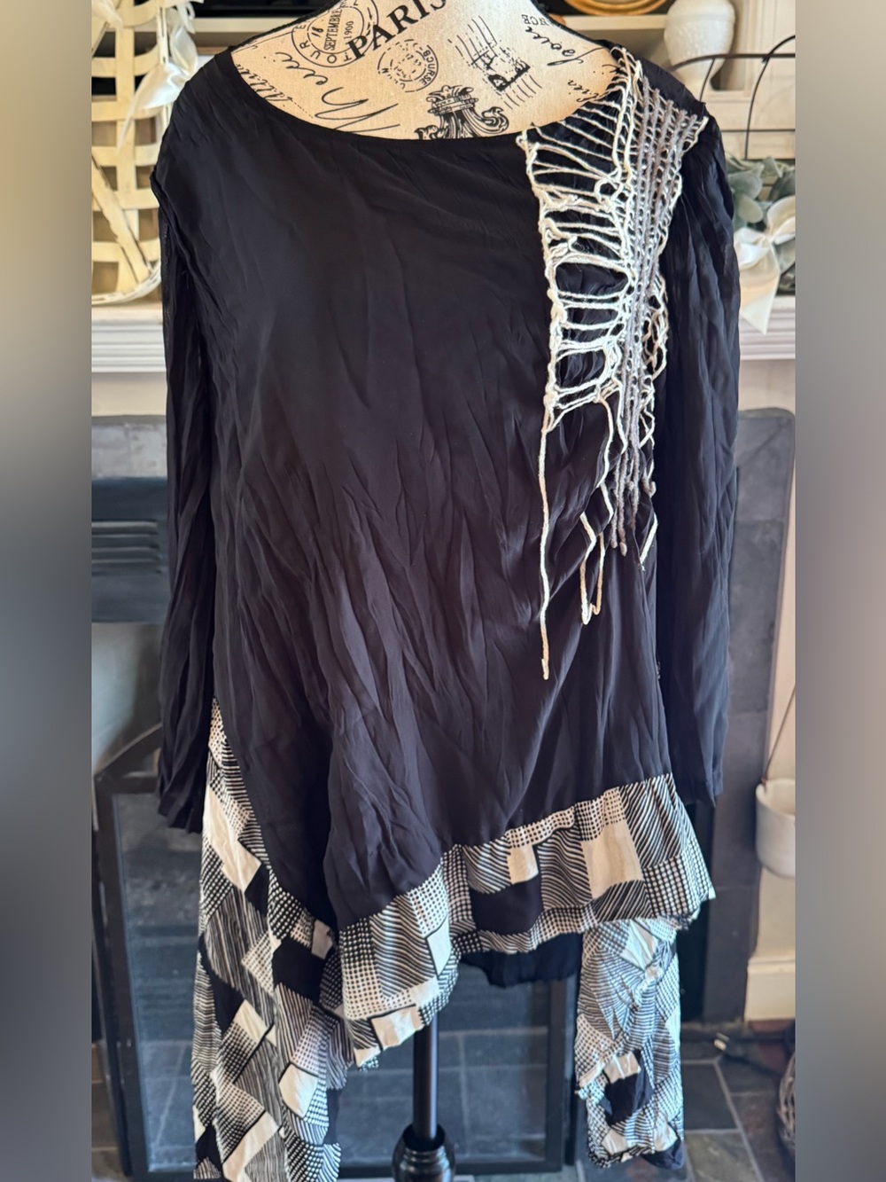 Artsy Mixed Media Black Asymmetrical Tunic Patchwork Boho Art to Wear 1X Tunic